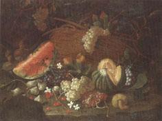 unknow artist Still life of a watermelon,red and white grapes,figs,cherries,mushrooms,a melon,and a basket with vine-leaves,upon a ledge oil painting picture